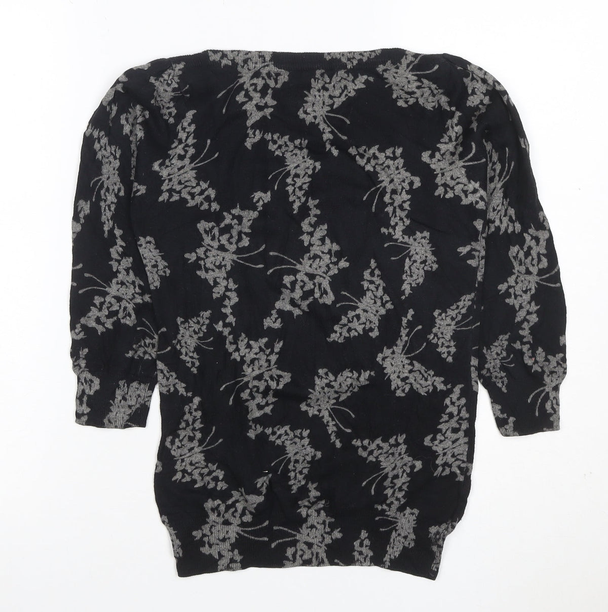 Next Women Black Grey Floral Knit Top Size 8 3/4 Sleeve Crew Neck