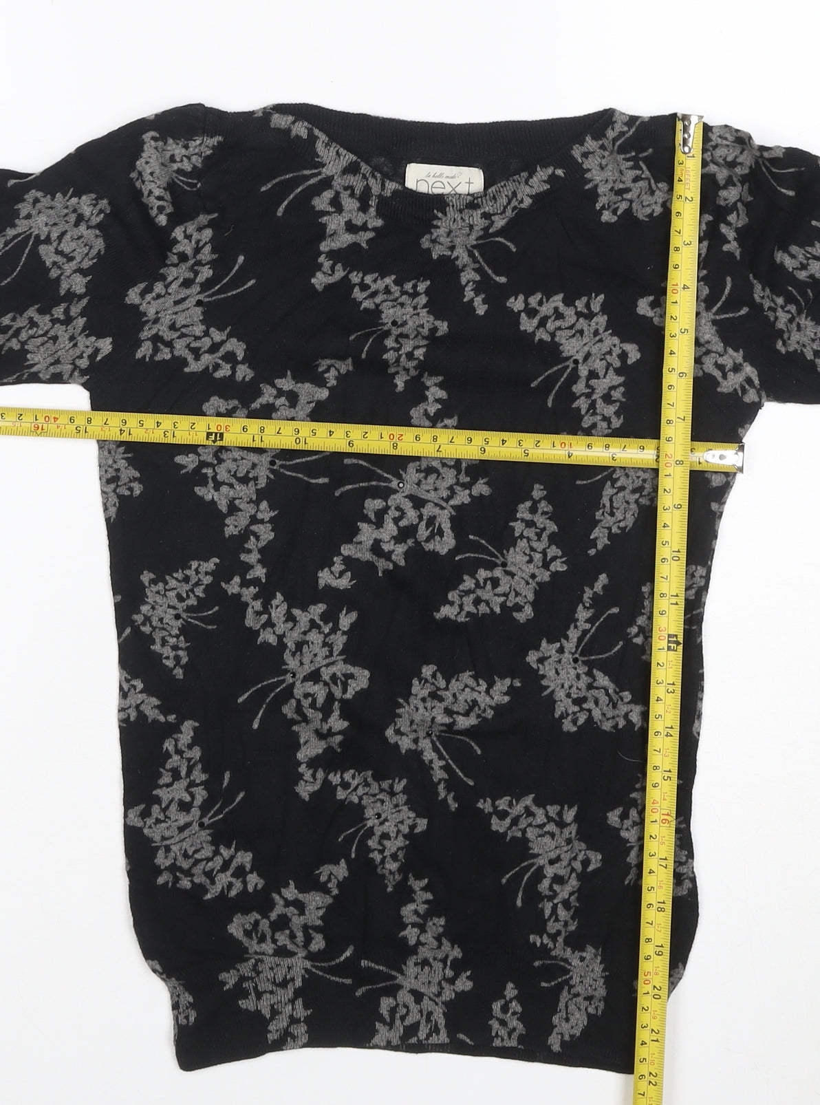 Next Women Black Grey Floral Knit Top Size 8 3/4 Sleeve Crew Neck