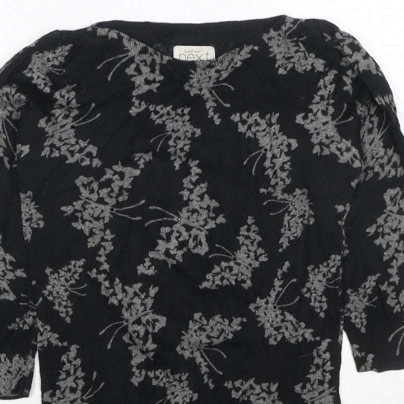 Next Women Black Grey Floral Knit Top Size 8 3/4 Sleeve Crew Neck