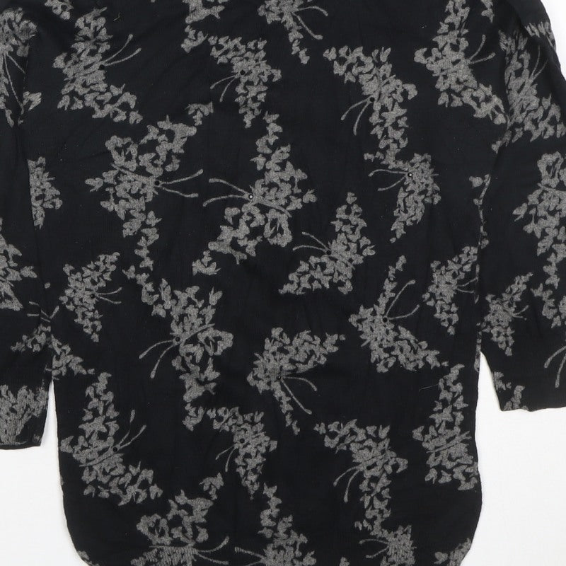 Next Women Black Grey Floral Knit Top Size 8 3/4 Sleeve Crew Neck