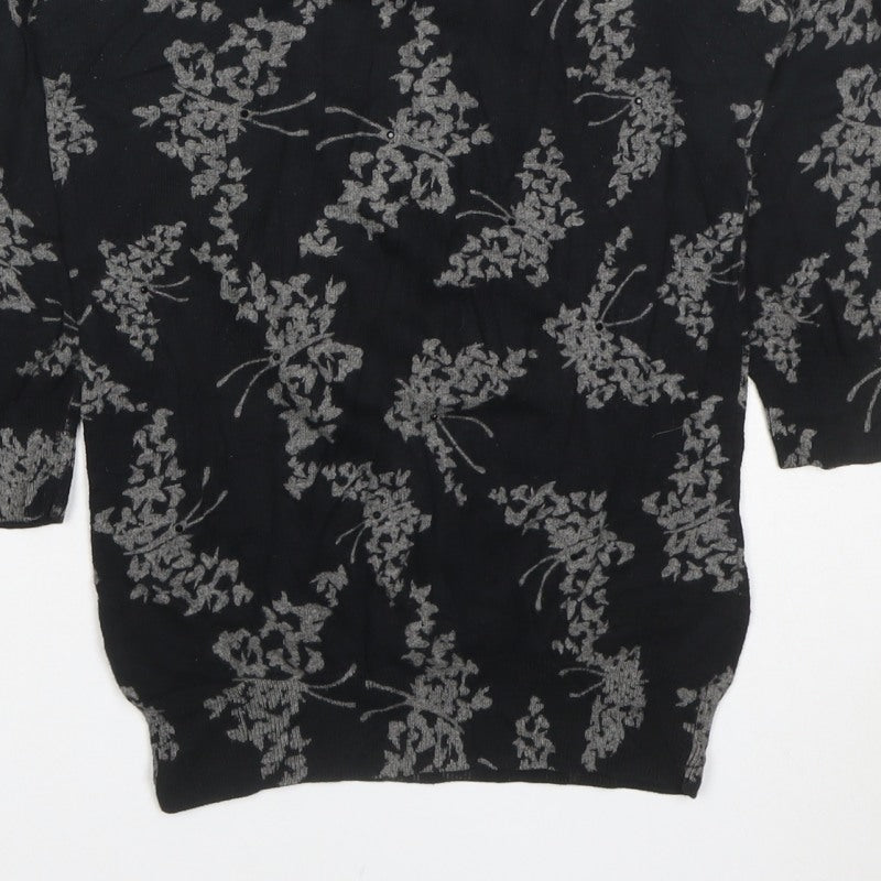 Next Women Black Grey Floral Knit Top Size 8 3/4 Sleeve Crew Neck