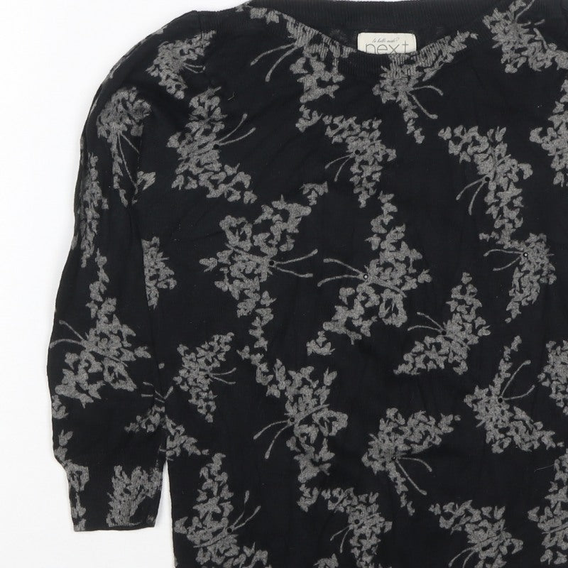 Next Women Black Grey Floral Knit Top Size 8 3/4 Sleeve Crew Neck