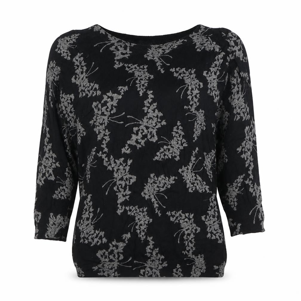 Next Women Black Grey Floral Knit Top Size 8 3/4 Sleeve Crew Neck