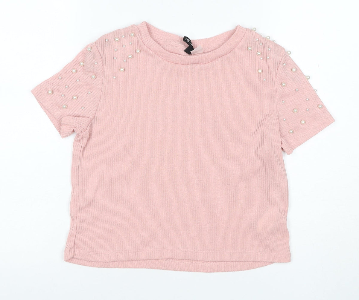 Additional front view of C&A Women Pink S Ribbed Pearl Puff Sleeve Knit T-Shirt