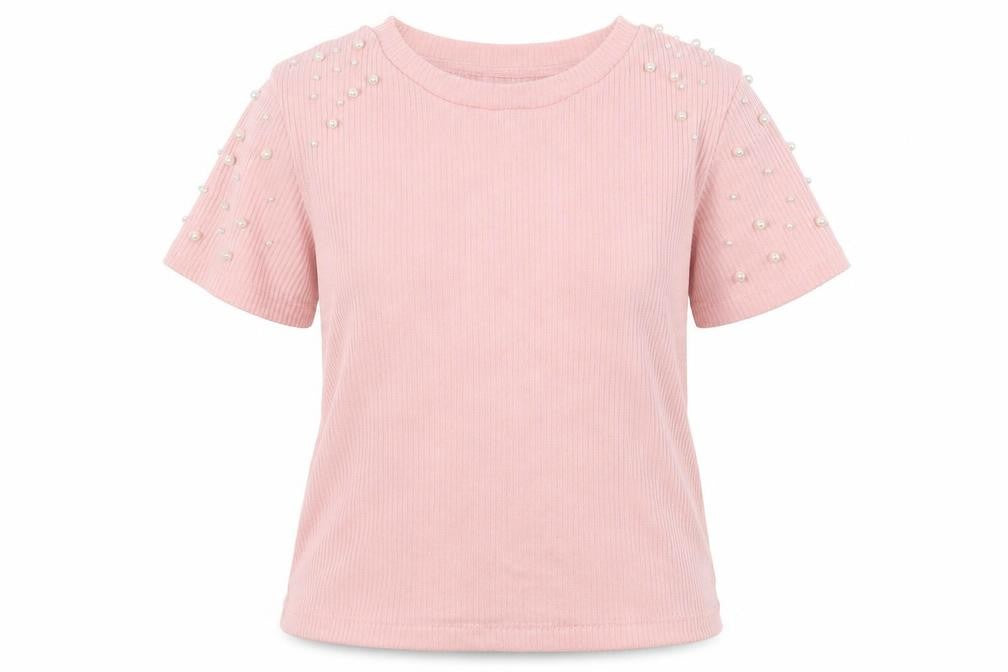 Front view of C&A Women Pink S Ribbed Pearl Puff Sleeve Knit T-Shirt