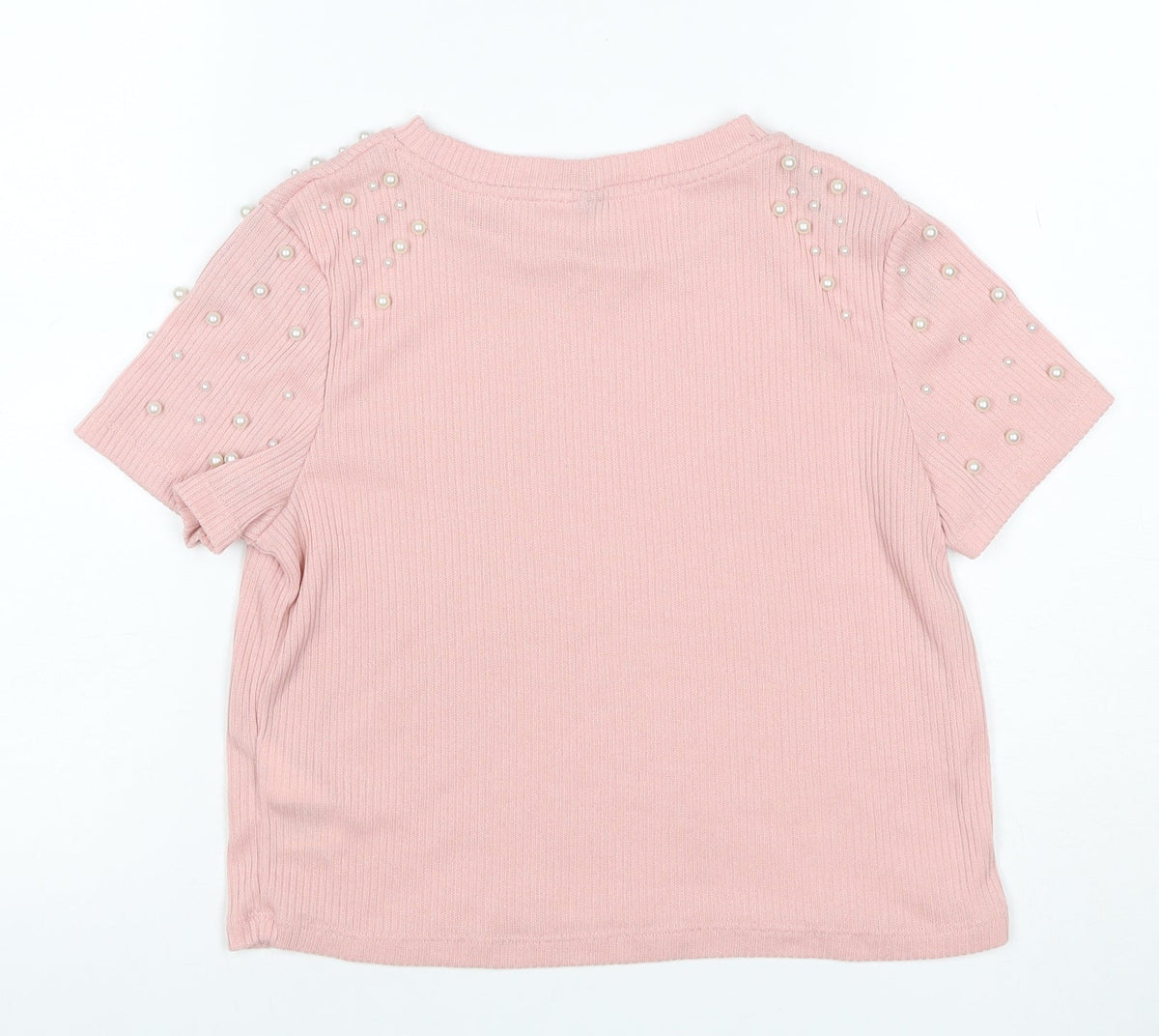 Back view of C&A Women Pink S Ribbed Pearl Puff Sleeve Knit T-Shirt