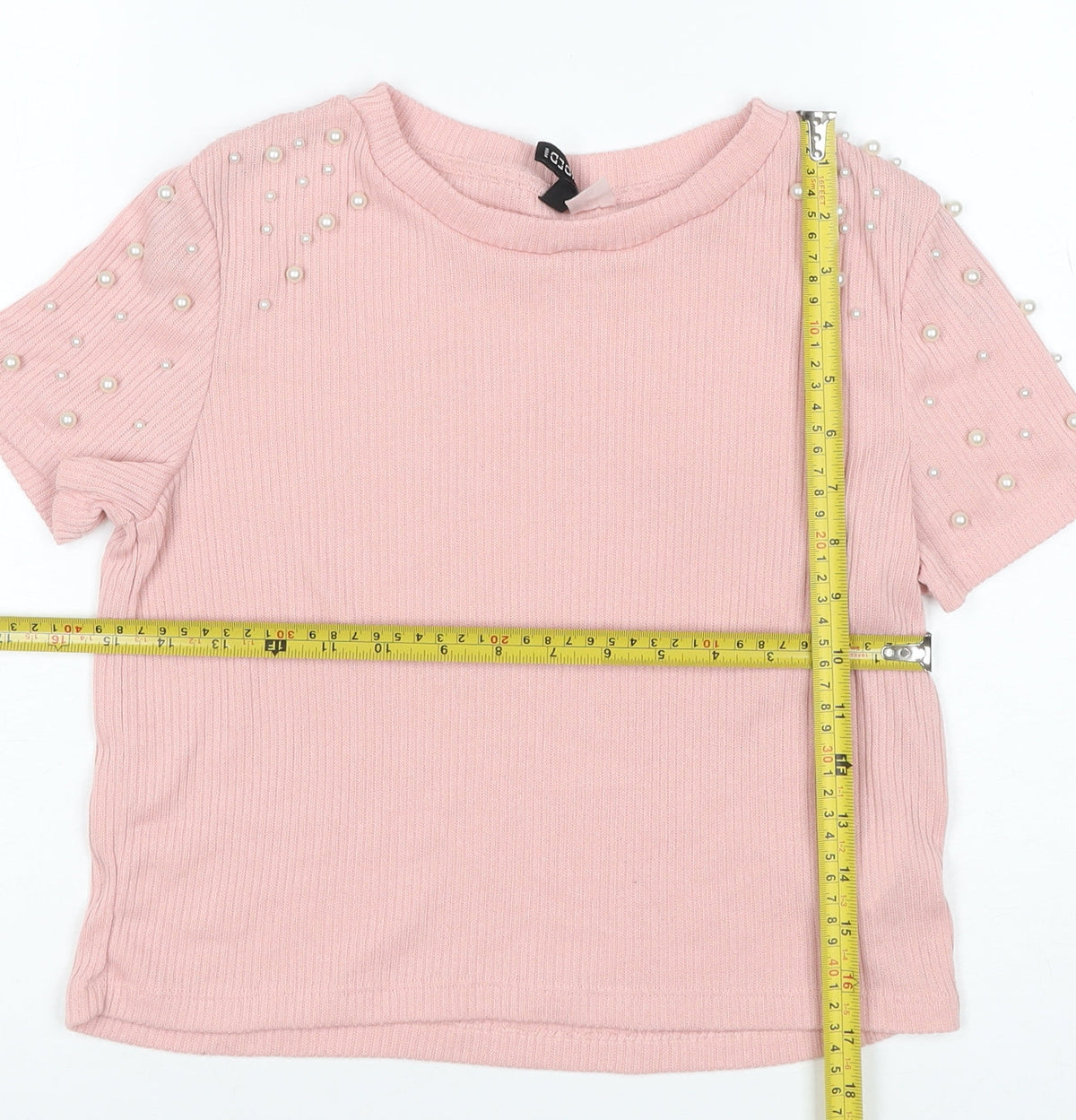 Close-up detail of C&A Women Pink S Ribbed Pearl Puff Sleeve Knit T-Shirt