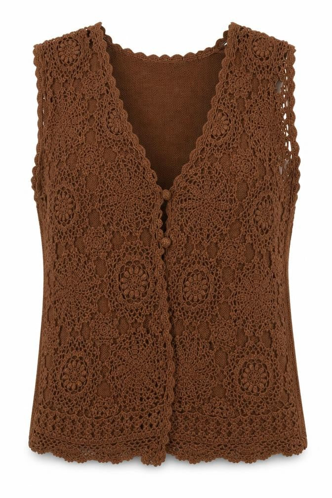 Sostanza Women’s Brown M Crochet Floral Sleeveless Button Cardigan