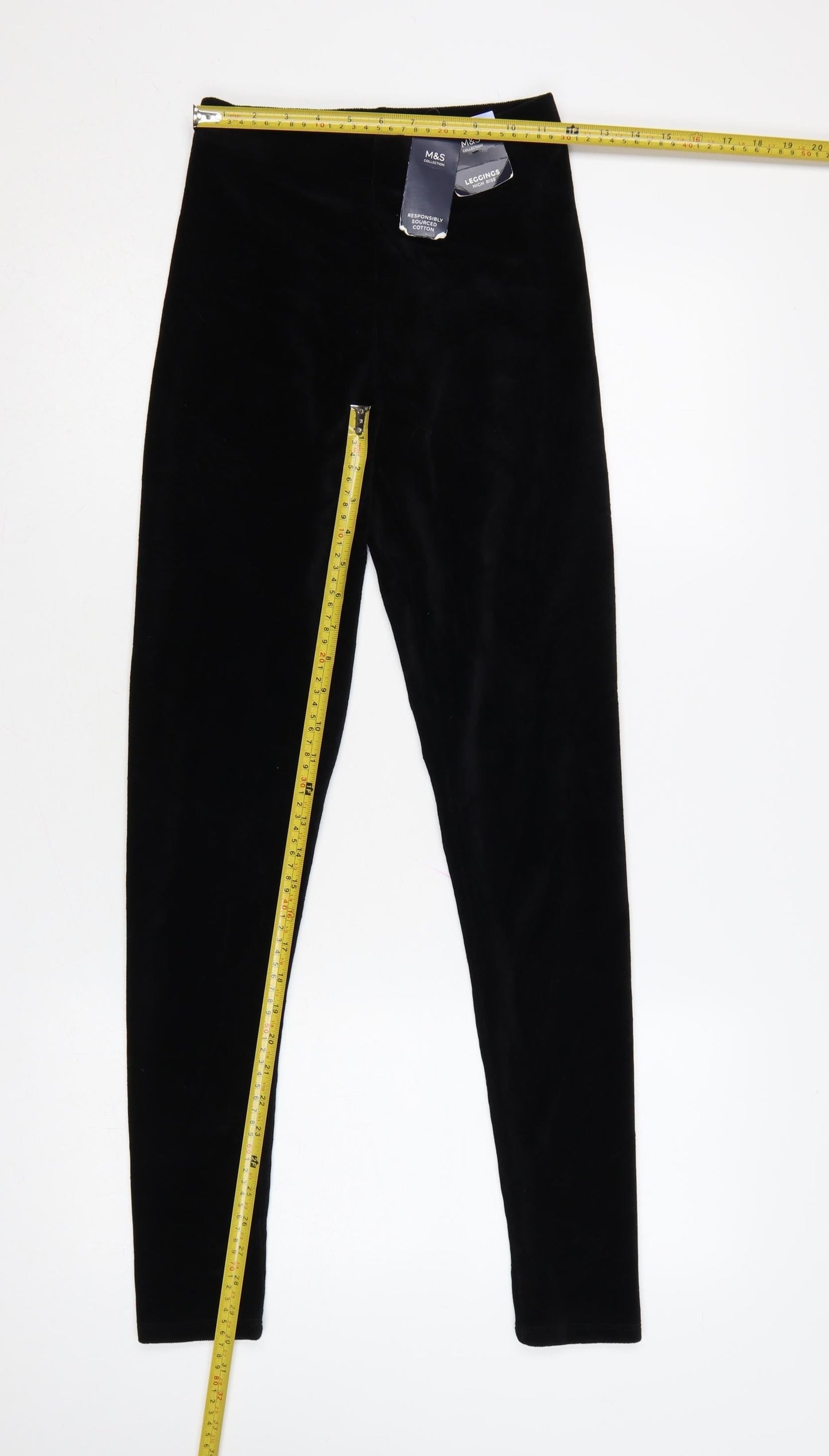 M&S Women’s Black Size 8 Long High Rise Velour Stretch Leggings