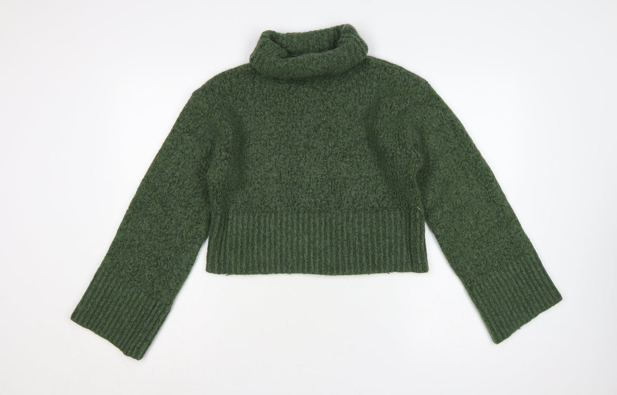 Zara Women Green M Chunky Knit Roll Neck Pullover Jumper