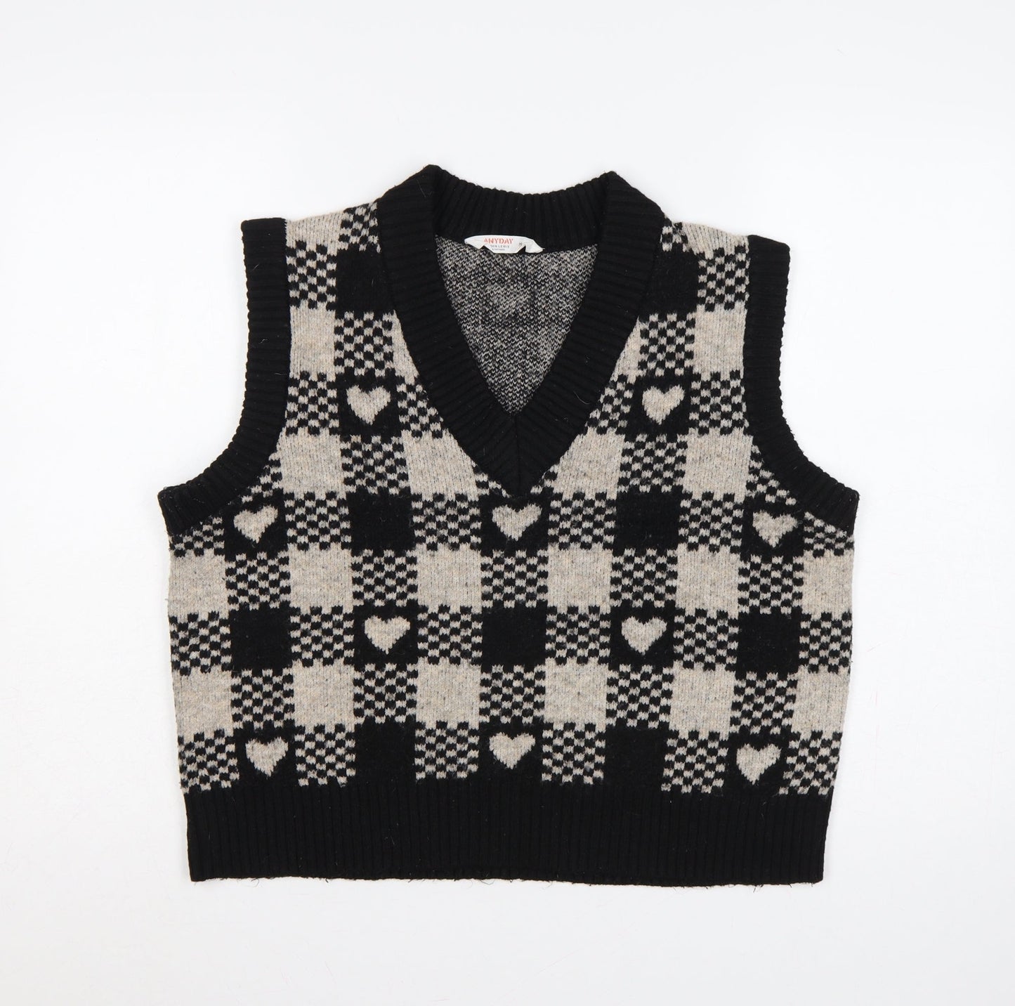 ANYDAY John Lewis Women Black Beige M V-Neck Heart Check Knit Vest