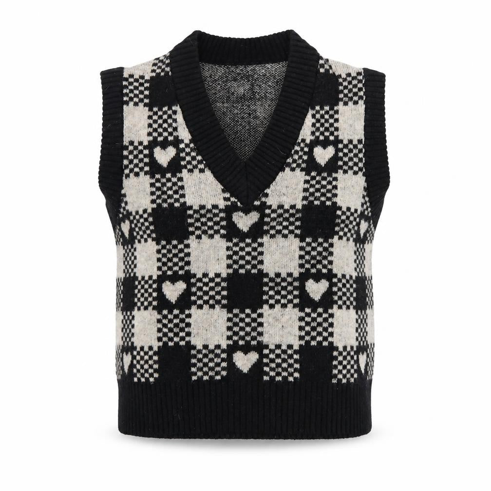 ANYDAY John Lewis Women Black Beige M V-Neck Heart Check Knit Vest