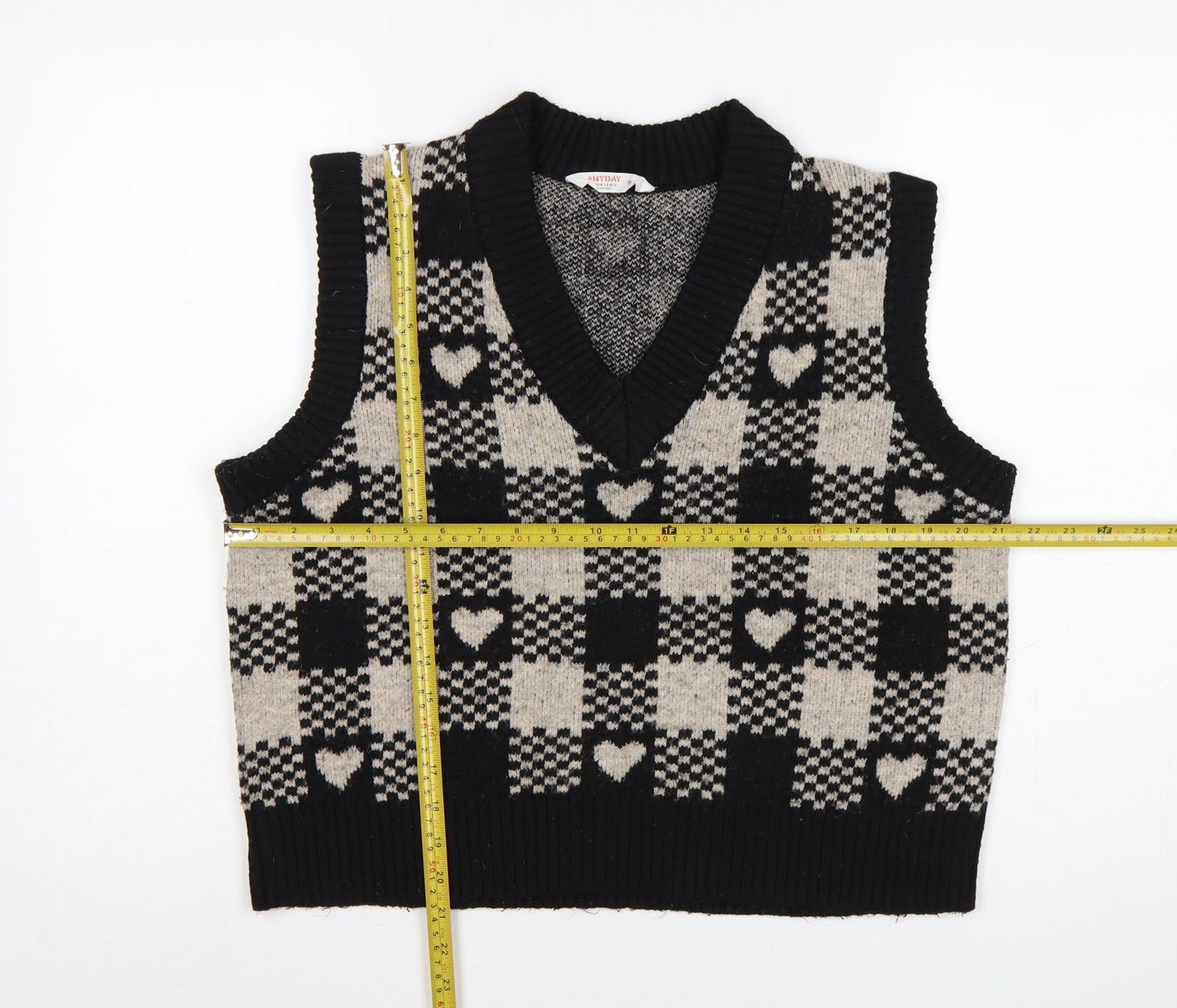 ANYDAY John Lewis Women Black Beige M V-Neck Heart Check Knit Vest