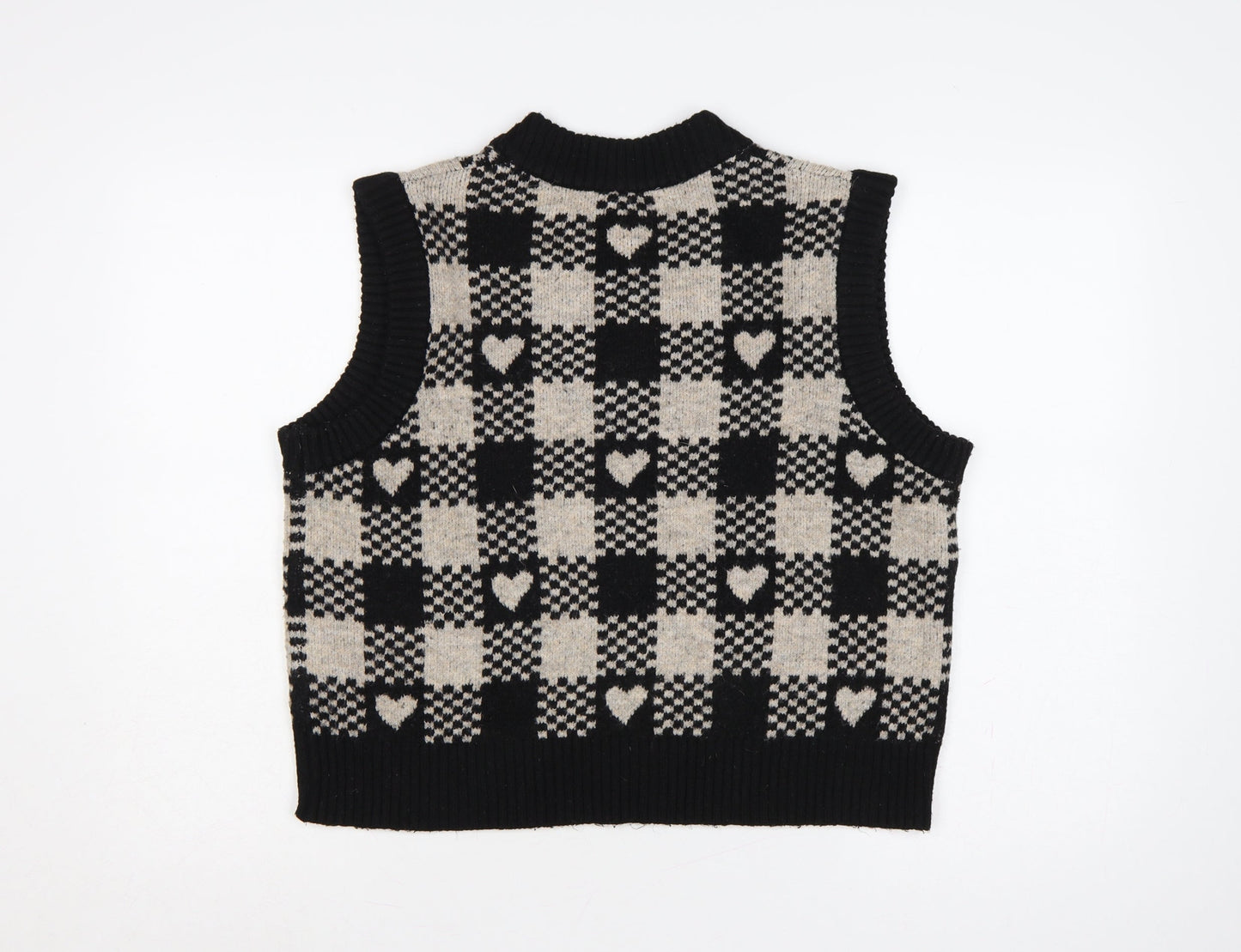 ANYDAY John Lewis Women Black Beige M V-Neck Heart Check Knit Vest