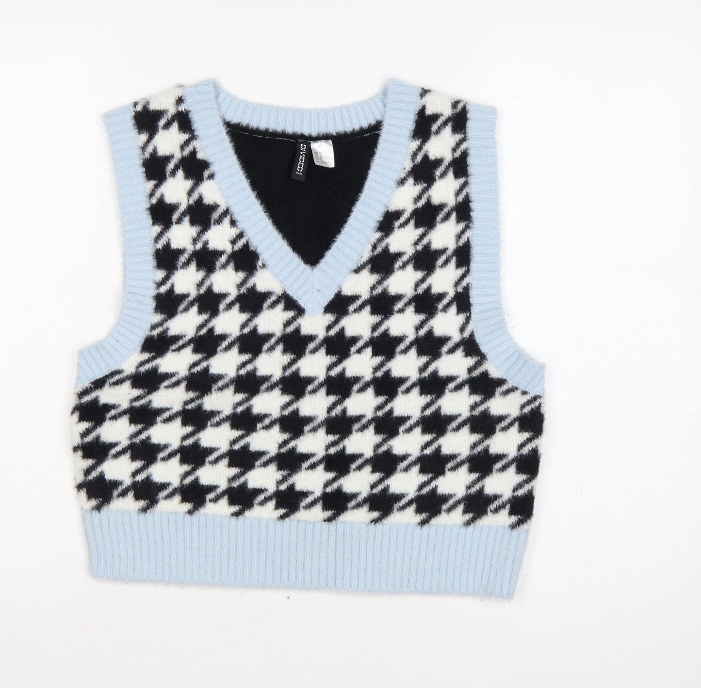 H&M Divided Women Blue Black Houndstooth Knit V-Neck Vest UK 12