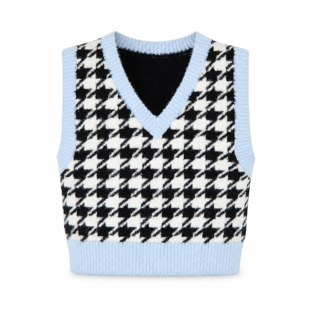 H&M Divided Women Blue Black Houndstooth Knit V-Neck Vest UK 12