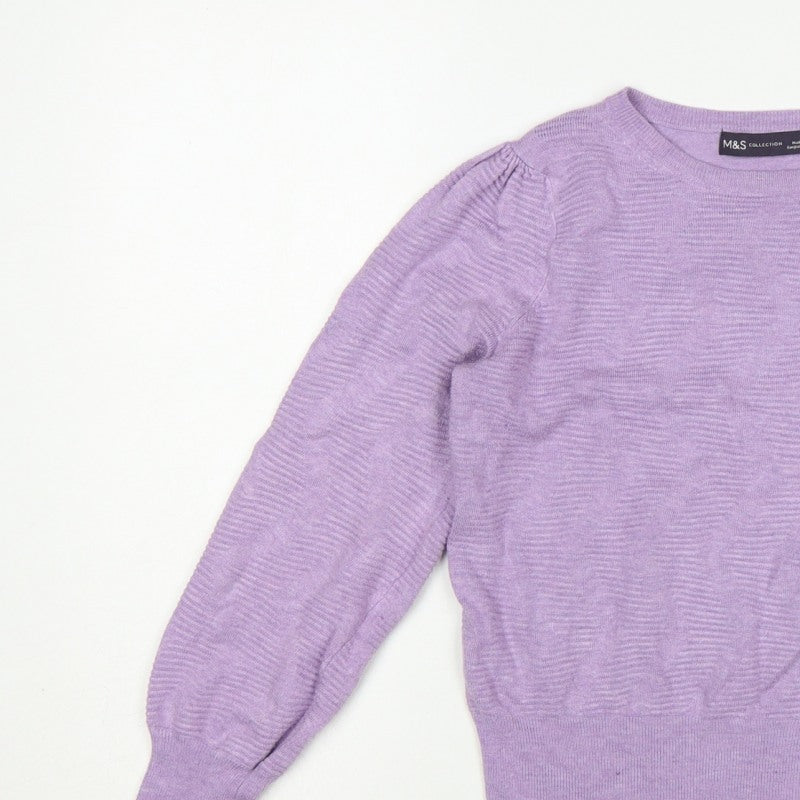 Marks & Spencer Women Purple S Puff Sleeve Crew Neck Knit Jumper
