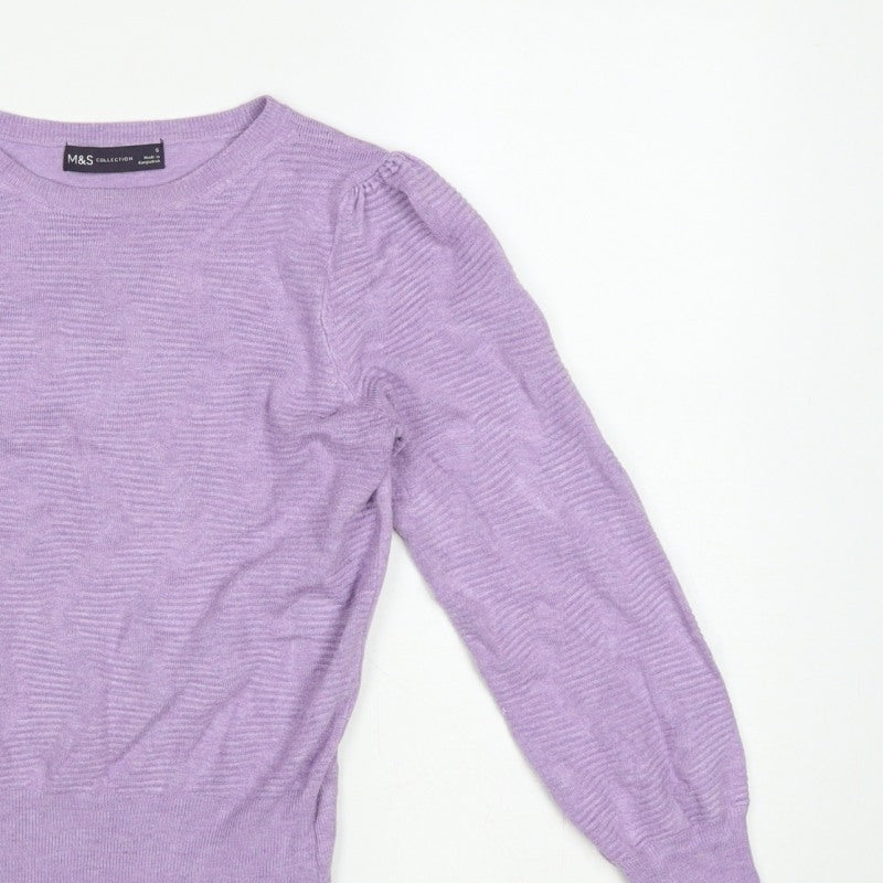 Marks & Spencer Women Purple S Puff Sleeve Crew Neck Knit Jumper
