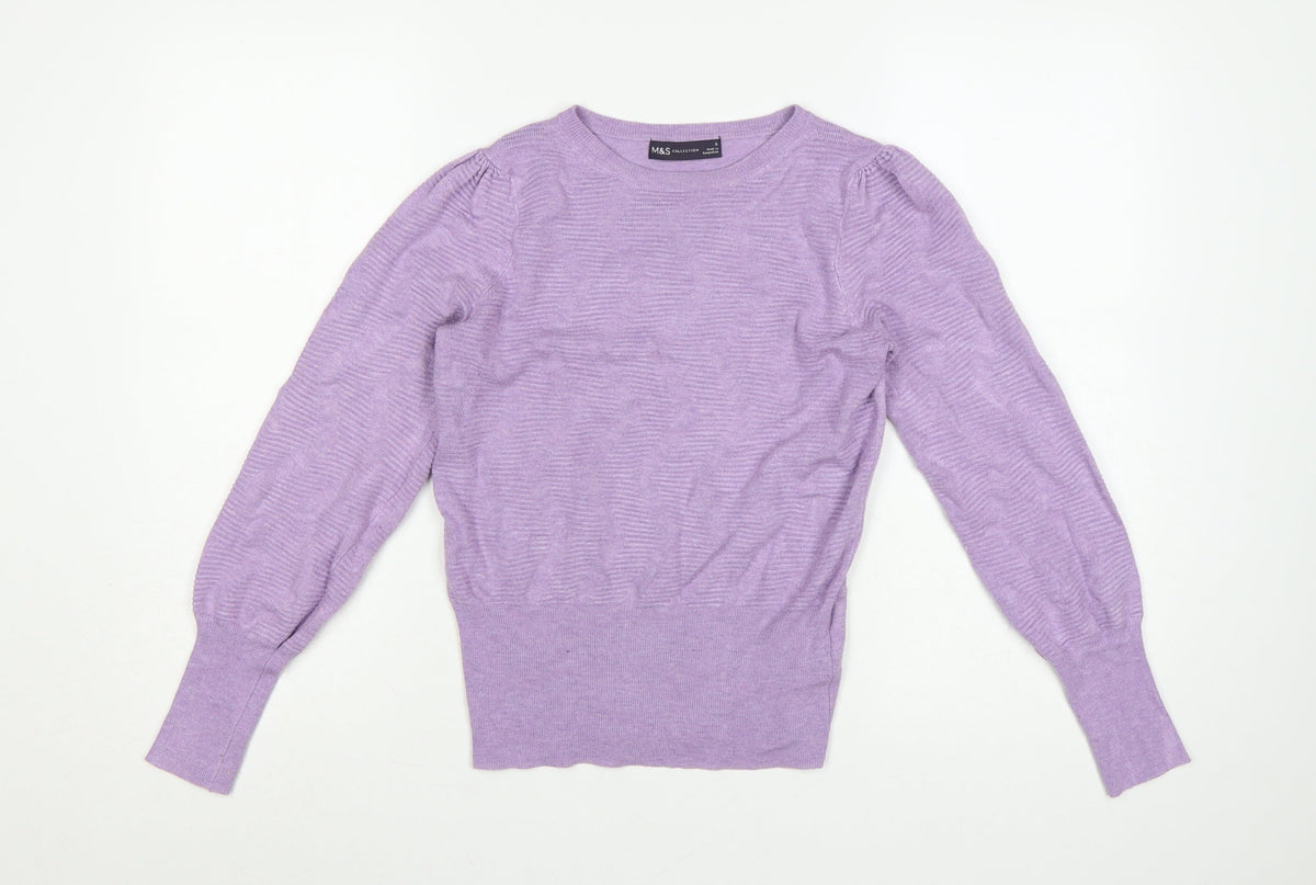 Marks & Spencer Women Purple S Puff Sleeve Crew Neck Knit Jumper
