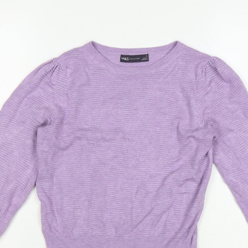 Marks & Spencer Women Purple S Puff Sleeve Crew Neck Knit Jumper