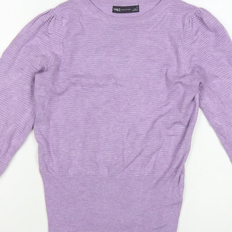 Marks & Spencer Women Purple S Puff Sleeve Crew Neck Knit Jumper