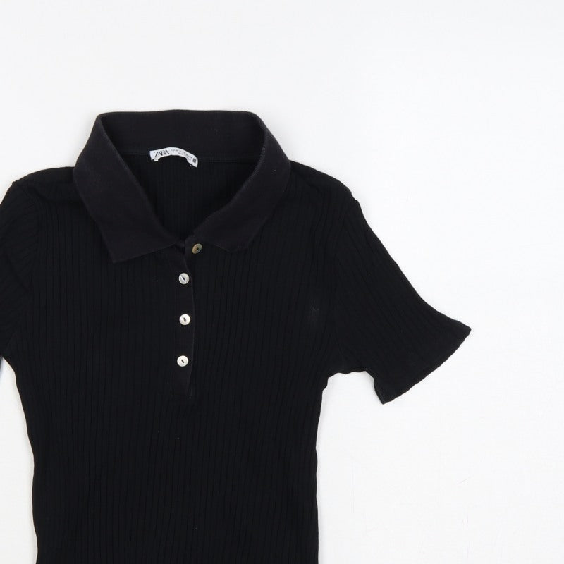 Zara Women Black M Ribbed Knit Button Polo Jersey Top Slim Fit