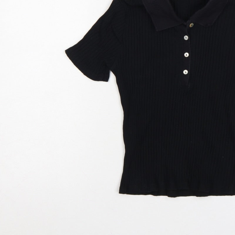 Zara Women Black M Ribbed Knit Button Polo Jersey Top Slim Fit