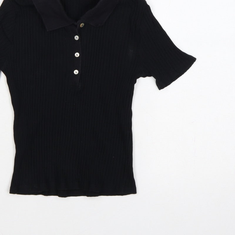 Zara Women Black M Ribbed Knit Button Polo Jersey Top Slim Fit
