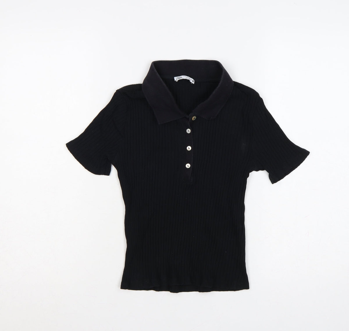 Zara Women Black M Ribbed Knit Button Polo Jersey Top Slim Fit