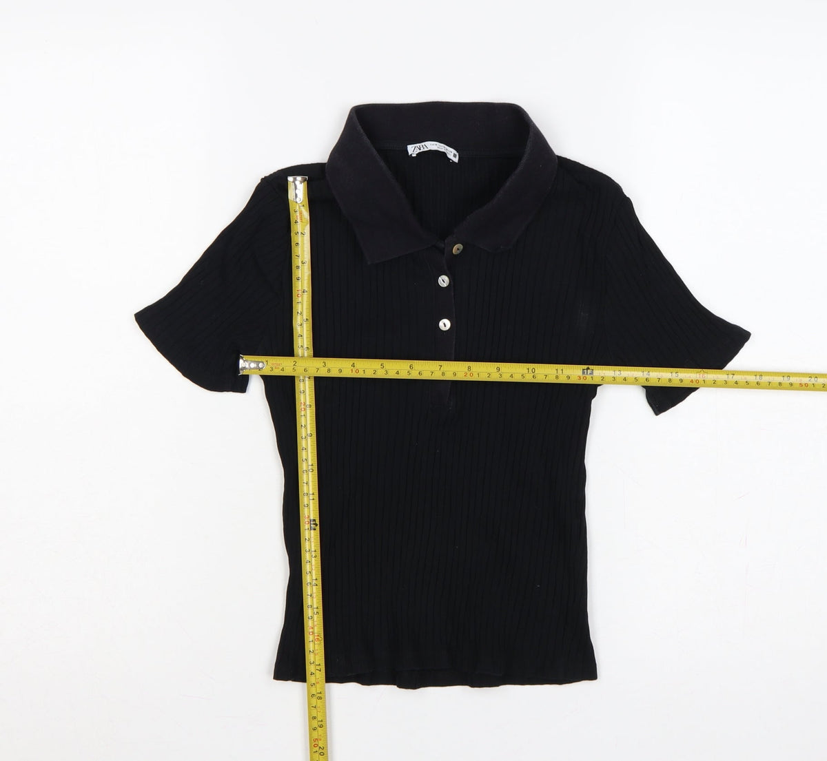 Zara Women Black M Ribbed Knit Button Polo Jersey Top Slim Fit