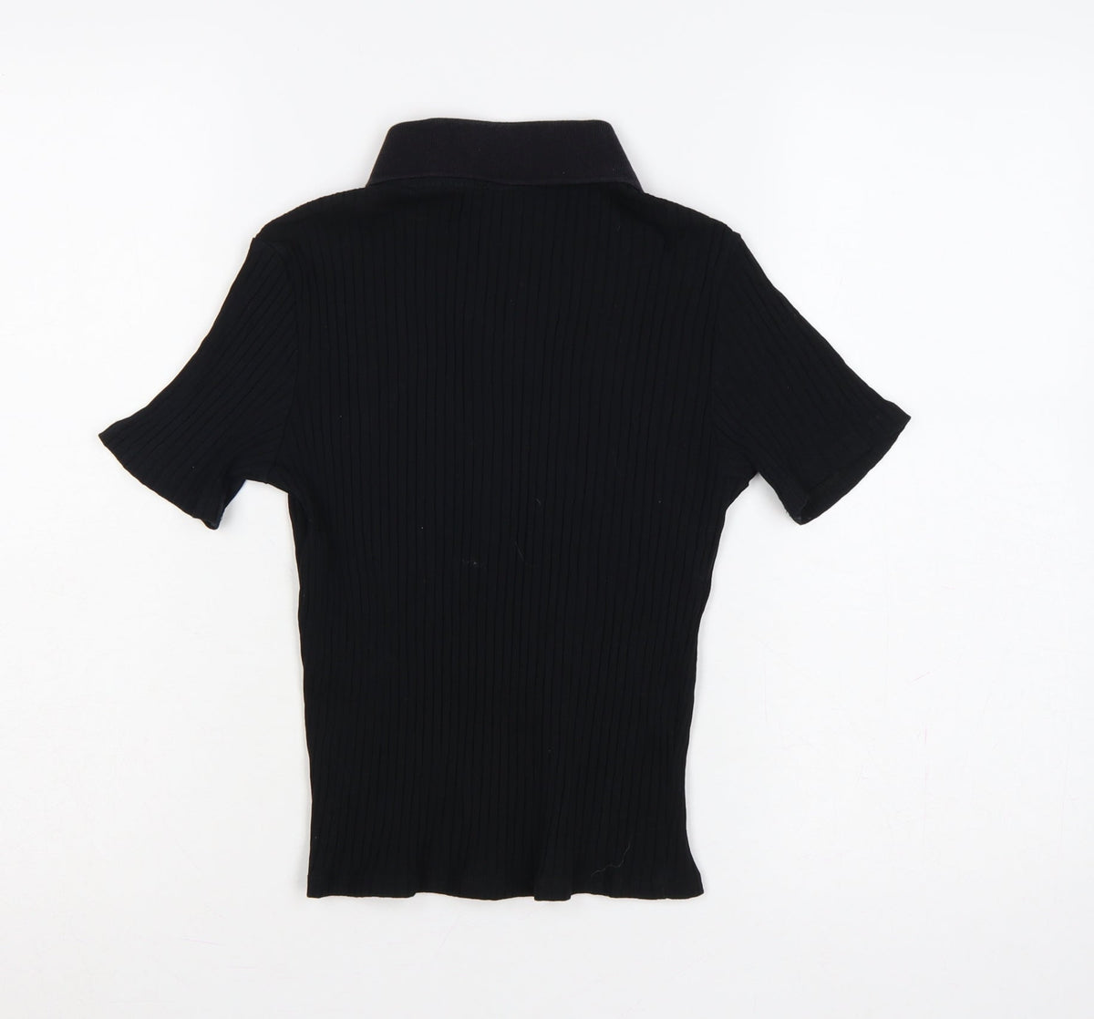 Zara Women Black M Ribbed Knit Button Polo Jersey Top Slim Fit