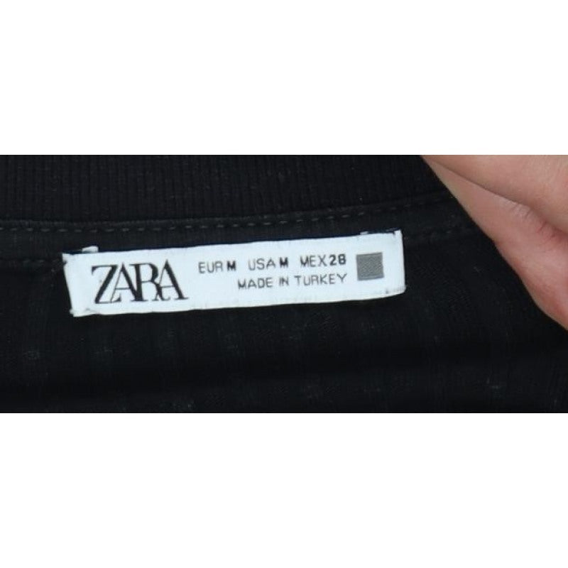 Zara Women Black M Ribbed Knit Button Polo Jersey Top Slim Fit