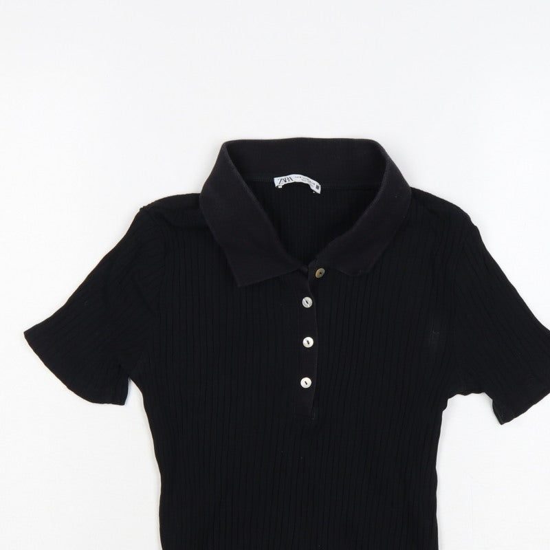 Zara Women Black M Ribbed Knit Button Polo Jersey Top Slim Fit