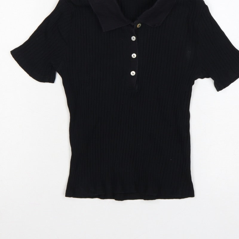 Zara Women Black M Ribbed Knit Button Polo Jersey Top Slim Fit