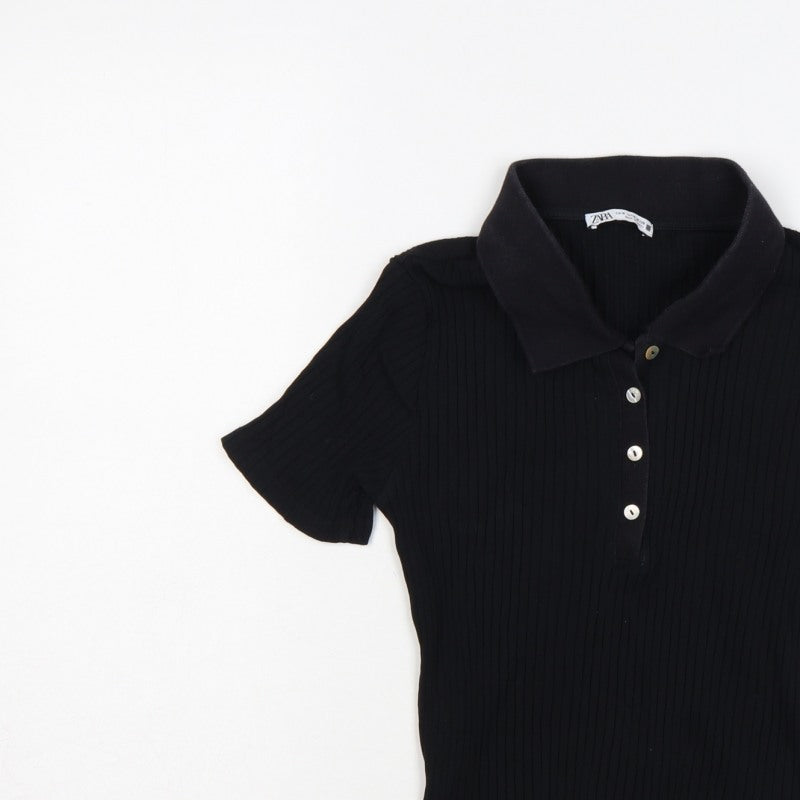 Zara Women Black M Ribbed Knit Button Polo Jersey Top Slim Fit