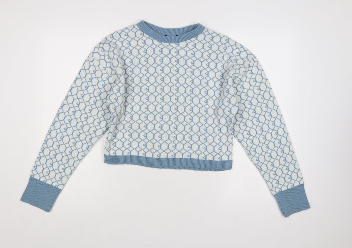 I Saw It First Womens Blue White M Geometric Knit Crew Neck Jumper