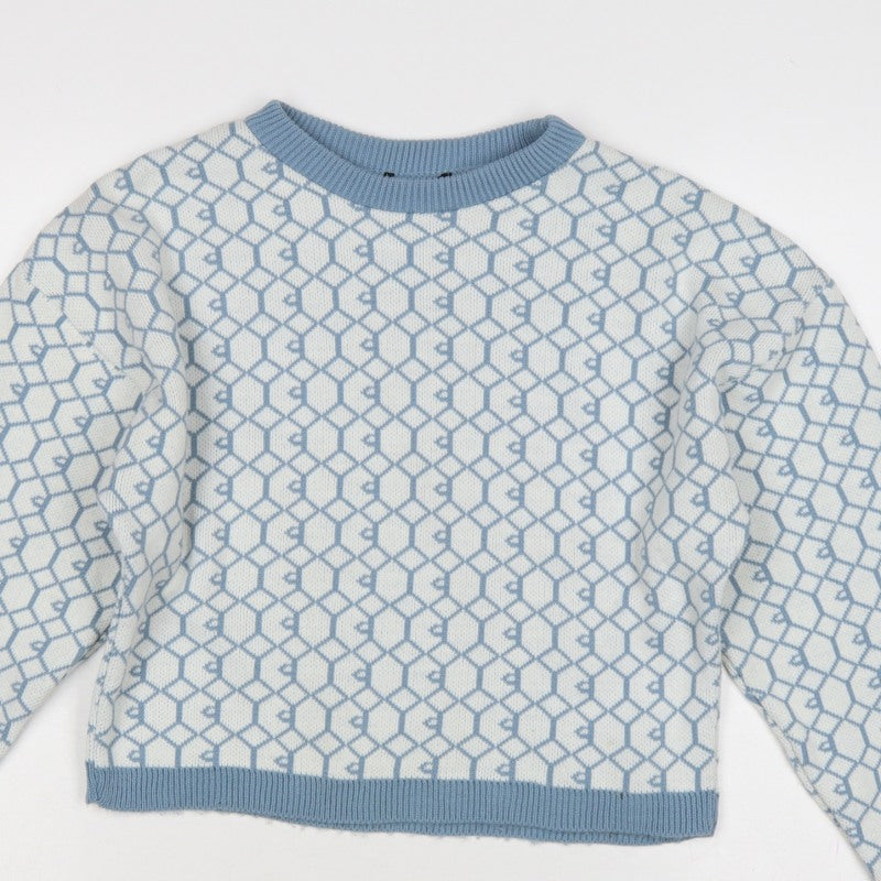 I Saw It First Womens Blue White M Geometric Knit Crew Neck Jumper