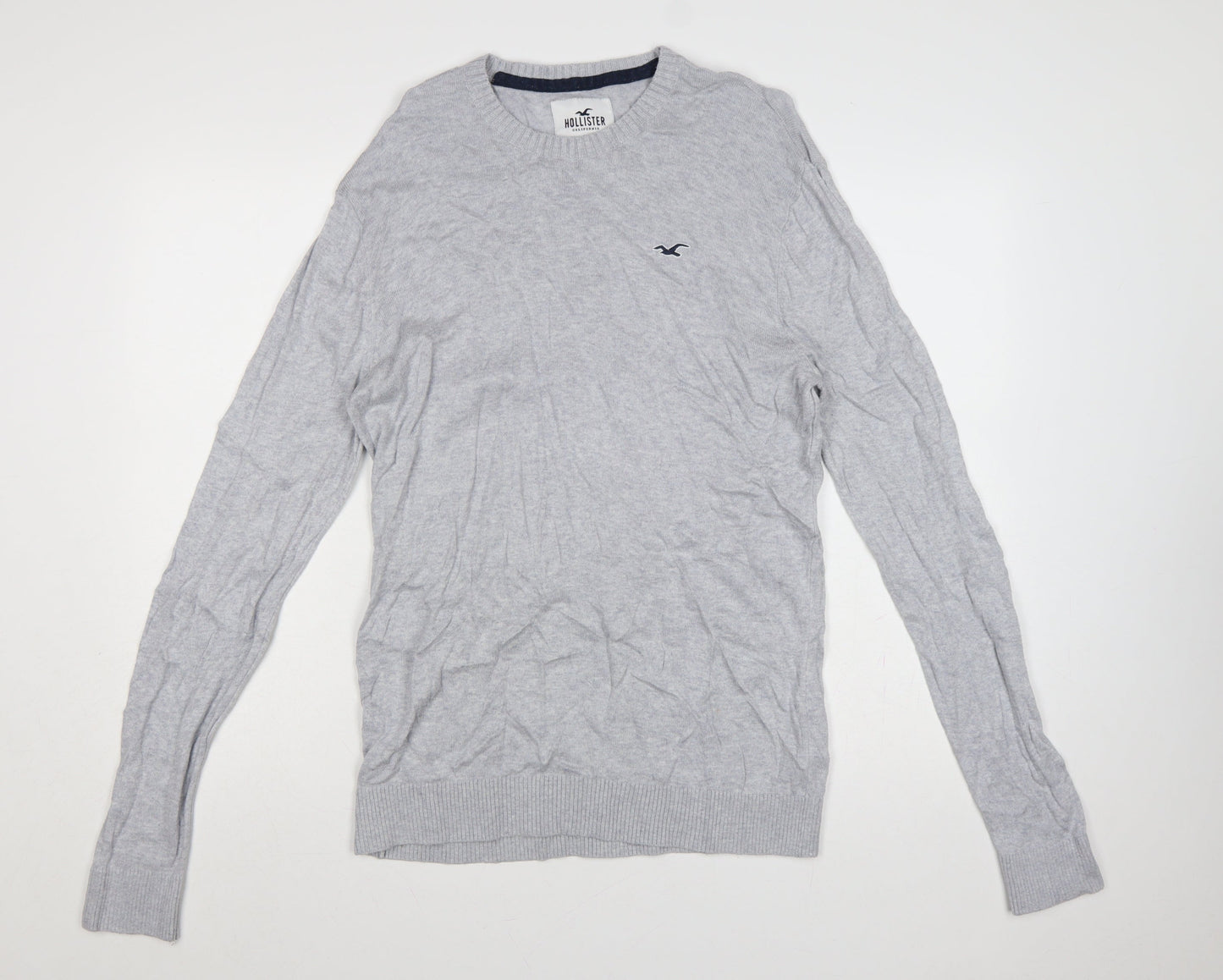 Hollister Men Grey L Crew Neck Logo Cotton Blend Knit Pullover Jumper