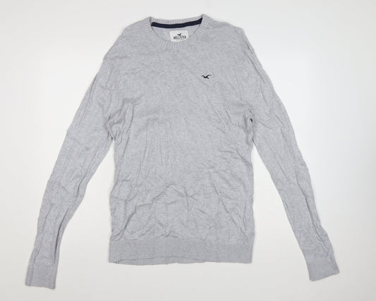 Hollister Men Grey L Crew Neck Logo Cotton Blend Knit Pullover Jumper