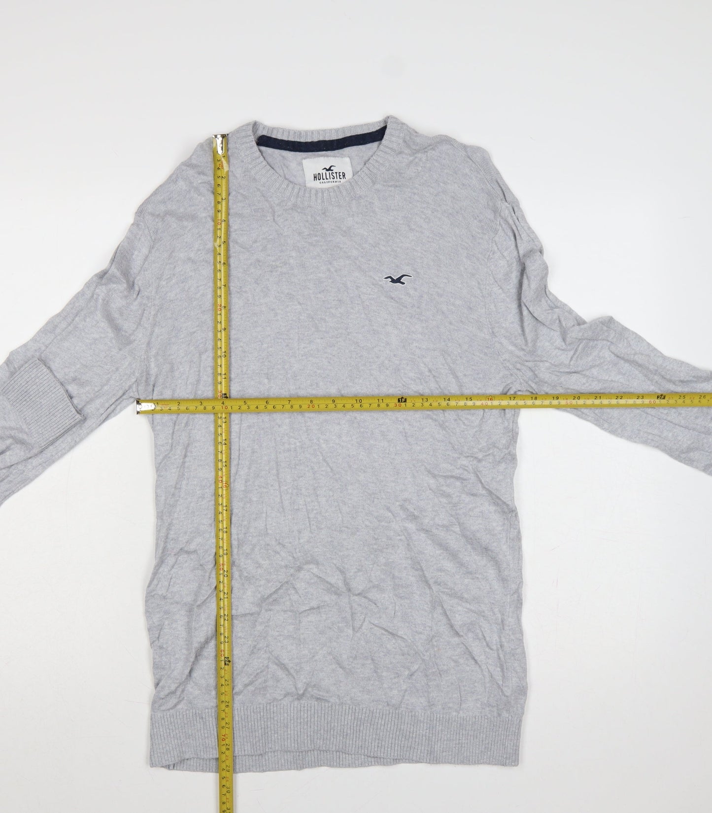 Hollister Men Grey L Crew Neck Logo Cotton Blend Knit Pullover Jumper