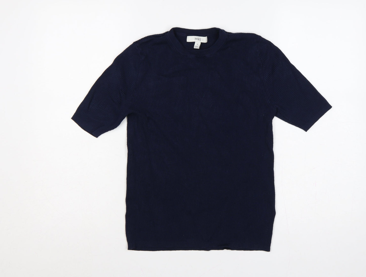 Marks and Spencer Women Blue M Rib Knit Short Sleeve Crew Neck T-Shirt