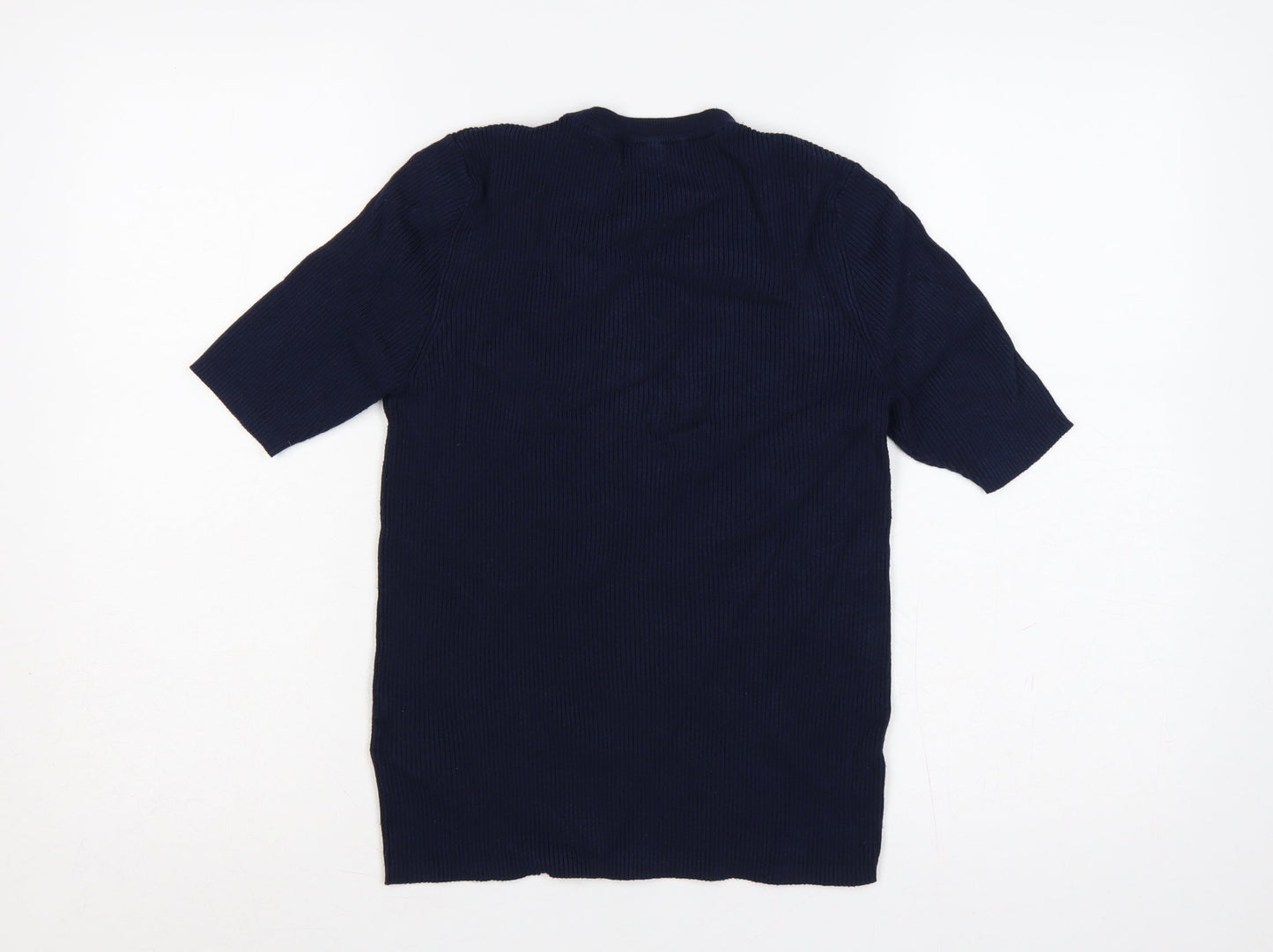 Marks and Spencer Women Blue M Rib Knit Short Sleeve Crew Neck T-Shirt