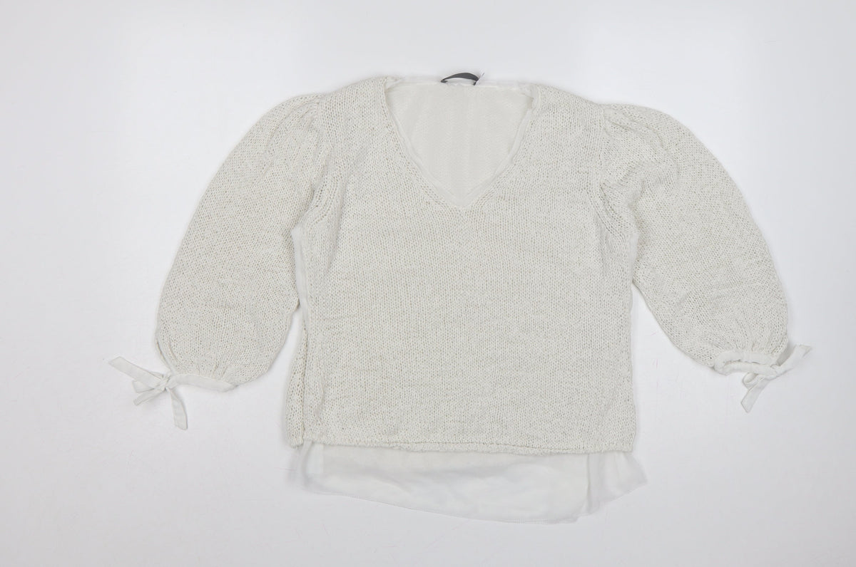 Mint Velvet Women Ivory S V-Neck Knit Balloon Sleeve Jumper