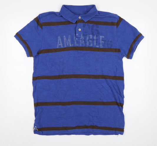 American Eagle Mens Blue Brown Striped Logo Polo Shirt XLT