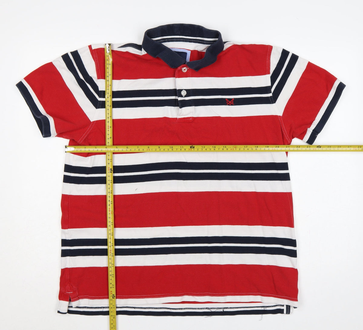 Back view of Crew Clothing Men’s XL Red Striped Cotton Short Sleeve Polo