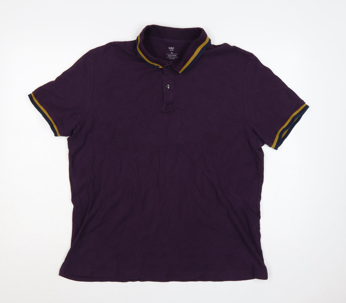 Marks & Spencer Men Purple XL Cotton Polo Shirt Contrast Trim
