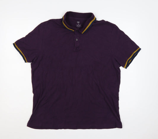 Marks and Spencer Men Purple XL Cotton Polo Shirt Contrast Trim