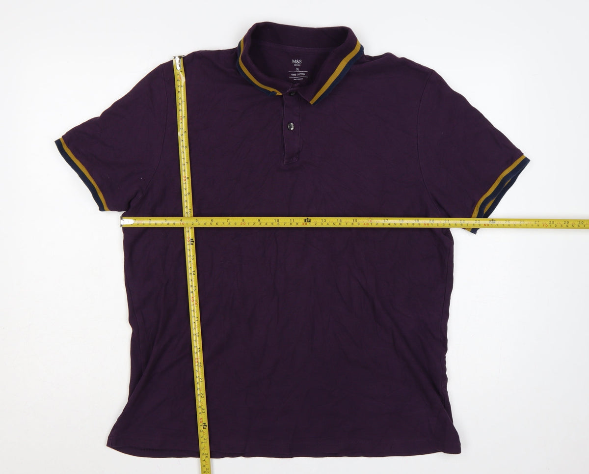 Marks & Spencer Men Purple XL Cotton Polo Shirt Contrast Trim