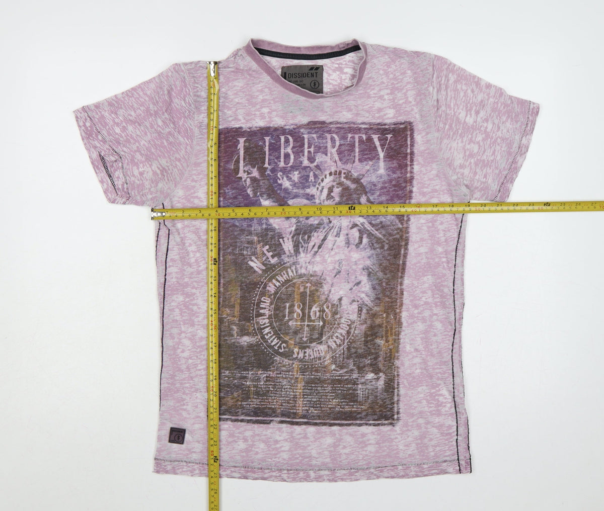 Close-up detail of Dissident Men's Pink M Liberty New York Graphic Print Crew Neck T-Shirt