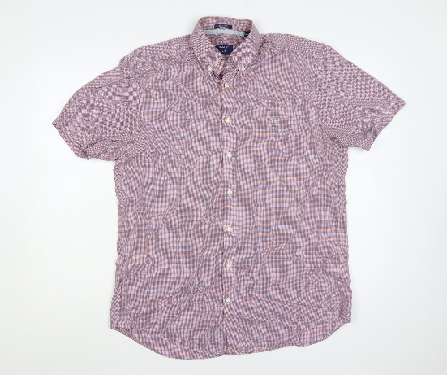 GANT Men’s L Red Blue Check Cotton Button-Down Short Sleeve Shirt